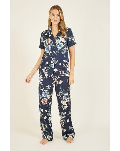 Yumi' Marineblauwe Satijnen Pyjama Met Bloemenprint
