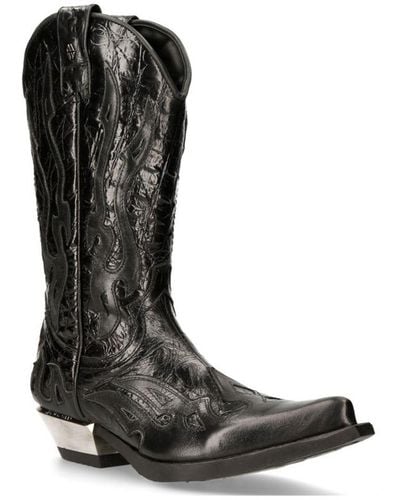 New Rock Flame Accented Leather Biker Cowboy Boots- M-7921-S1 - Black