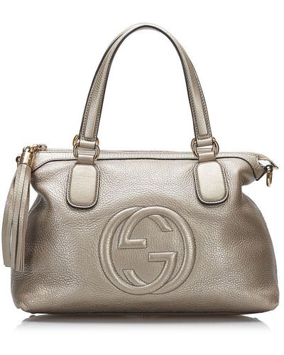 Gucci Vintage Soho Working Satchel Silver Calf Leather - Natural