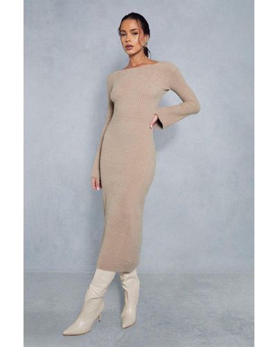 MissPap Premium Fluffy Knitted Backless Split Detail Maxi Dress - Blue