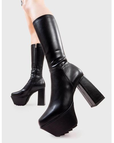 LAMODA Chunky Calf Boots Who Cares Square Toe Platform Heels With Zipper - Black