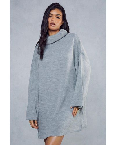 MissPap Oversized Turtle Neck Knitted Dress - Blue