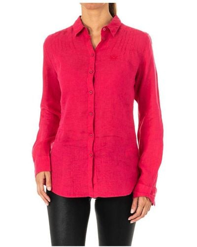 La Martina S Long Sleeve Lapel Collar Shirt Lwc006 Linen - Pink