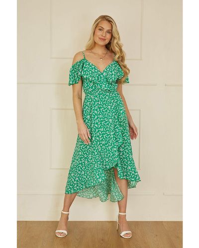 Mela London Ditsy Print Bardot Midi Dress With Dip Hem - Green