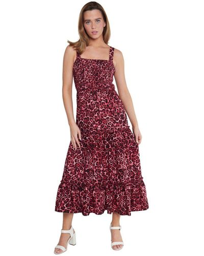 Gini London Gelaagde Gesmokte Midi-jurk Met Bandjes - Rood