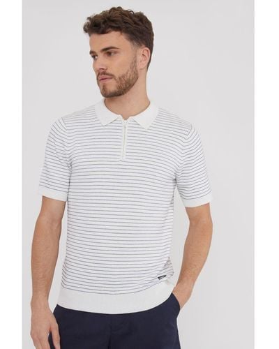 Threadbare 'Massie' Textured Stripe Quarter Zip Short Sleeve Knitted Polo - White