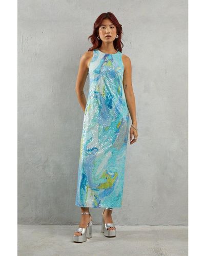 Warehouse Marble Print Sleeveless Sequin Midi Dress - Blue