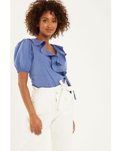 Quiz Chambray Wrap Puff Sleeve Top Cotton - Blue
