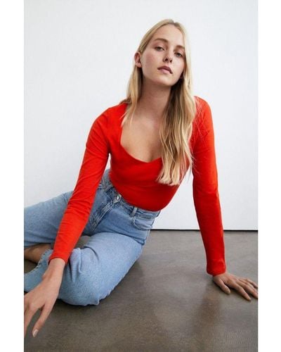 Warehouse Clean Cotton Sweetheart Neck Long Sleeve Top - Red