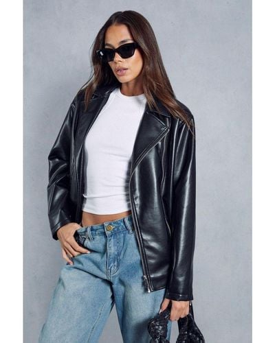 MissPap Premium Oversized Leather Look Biker Jacket - Blue