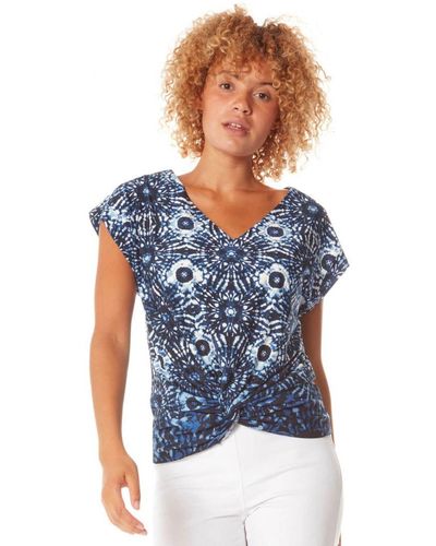 Roman Abstract Print Knot Front Top - Blue
