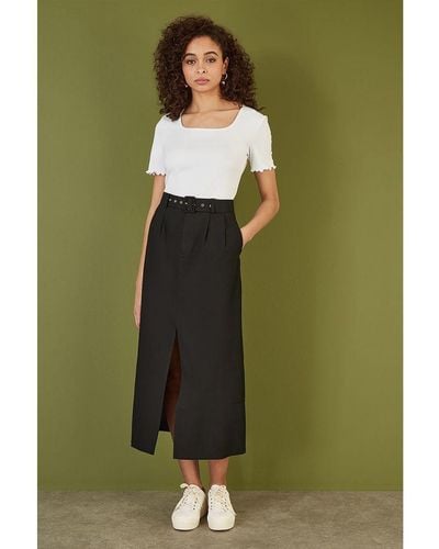 Yumi' Cotton Midi Skirt With Belt And Split Hem - Green