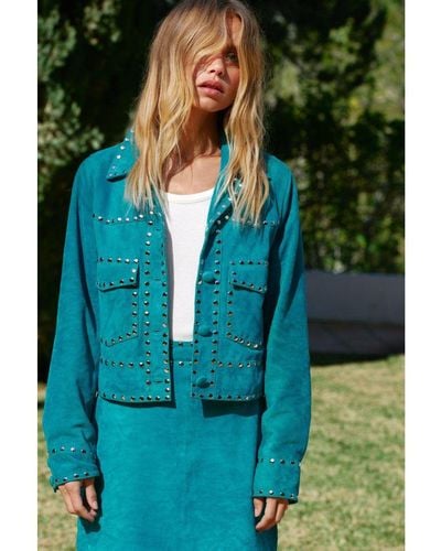 Warehouse Real Suede Studded Cropped Jacket Leather - Green