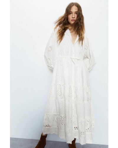 Warehouse Broderie Drawstring Waist Midi Dress Cotton - White