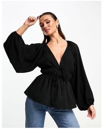 ASOS Long Sleeve V Neck Top With Kimono And Tie Front - Black