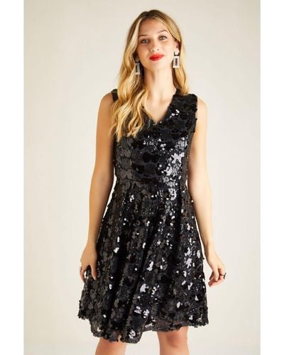 Yumi' Embellished Cluster Sequin Party Dress - Black