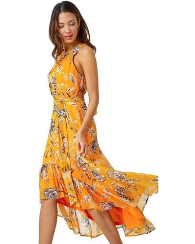 Roman Sleeveless Floral Halter Neck Midi Dress - Orange