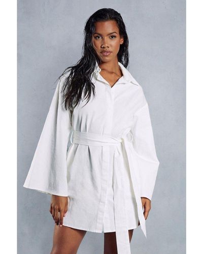MissPap Poplin Extreme Kimono Sleeve Belted Shirt Dress Cotton - White