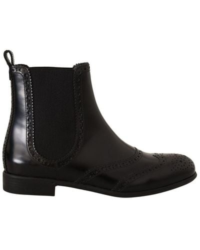 Dolce & Gabbana Black Leather Ankle High Flat Boots Shoes