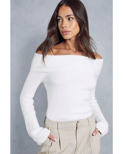 MissPap Premium Fluffy Knitted Bardot Top - White