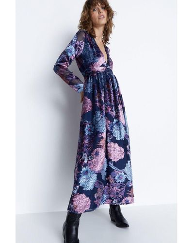 Warehouse Paisley Velvet Devore Plunge Maxi Dress - Blue