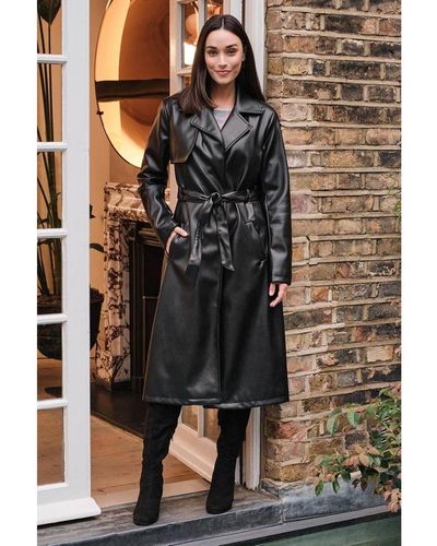 Izabel London Faux Leather Tie Waist Coat - Black