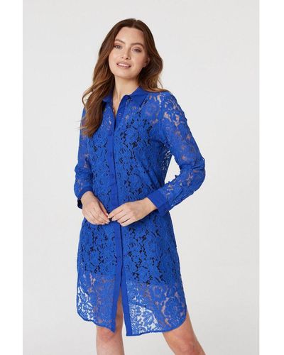 Izabel London Cobalt Lace Longline Shirt Dress - Blue