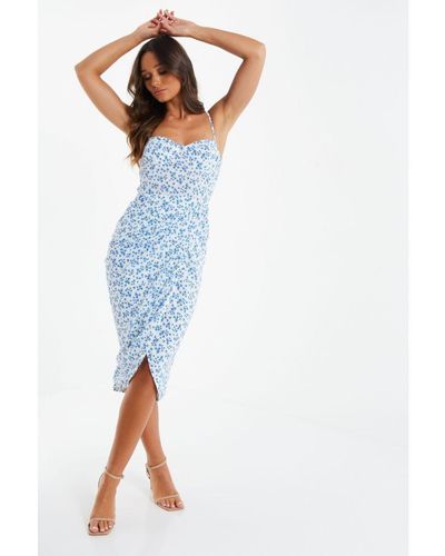 Quiz Ditsy Floral Wrap Midi Dress - Blue
