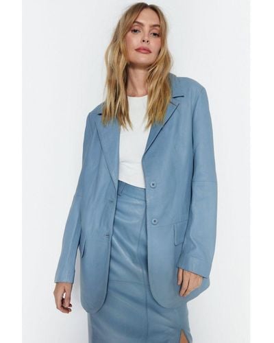 Warehouse Real Leather Single Breasted Blazer - Blue