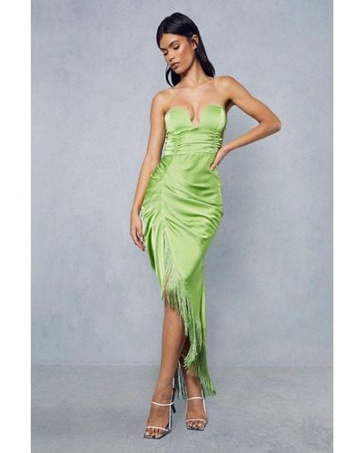 MissPap Premium Satin V Bar Tassle Hem Draped Midi Dress - Green