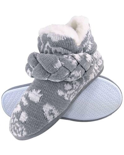 Dunlop Ladies Knitted Warm Fleece Plush Slippers Boots/booties - Grey