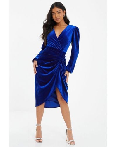 Quiz Petite Royal Velvet Wrap Midi Dress - Blue
