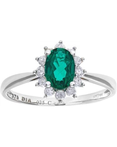 DIAMANT L'ÉTERNEL Ronde Briljante 0,25 Ct Smaragd En Diamanten 9 Ct Witgouden Ovale Clusterring - Groen