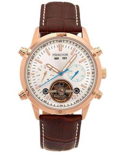 Heritor Wilhelm Semi-Skeleton Leather-Band Watch W/Day/Date - Brown