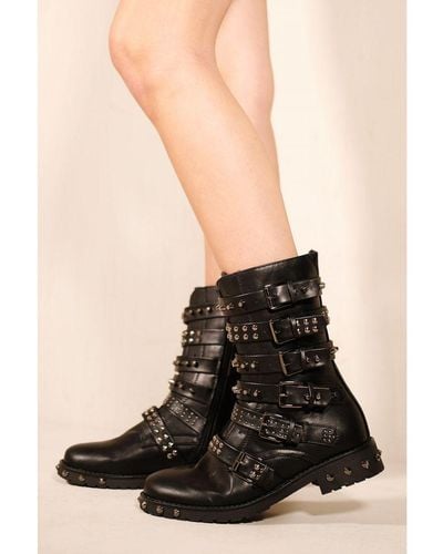 Where's That From 'Lili' Studded Ankle Boot With Buckle And Side Zip-Up - Black