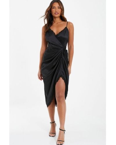 Quiz Satin Lace Trim Midi Dress - Black