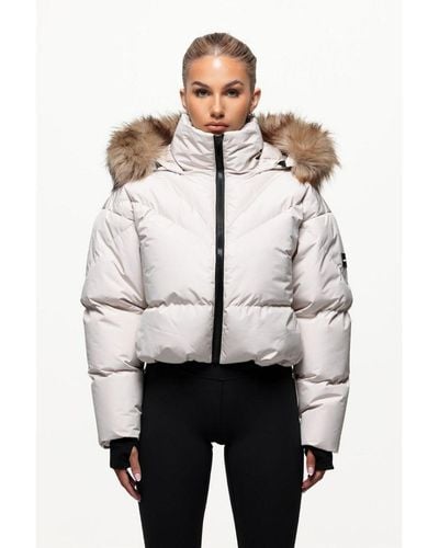 Good For Nothing Cream Faux Fur Hood Cropped Puffer Jacket - Natural