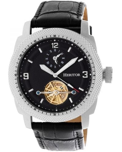Heritor Helmsley Semi-Skeleton Leather-Band Watch - Grey