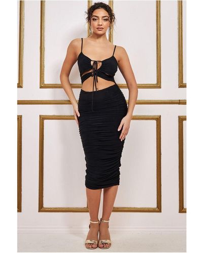 City Goddess Cut Out Ruched Midi With Drawstring - Black