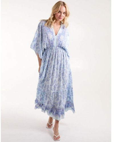 Blue Vanilla V Neck Flutter Sleeve Maxi Dress - Blue