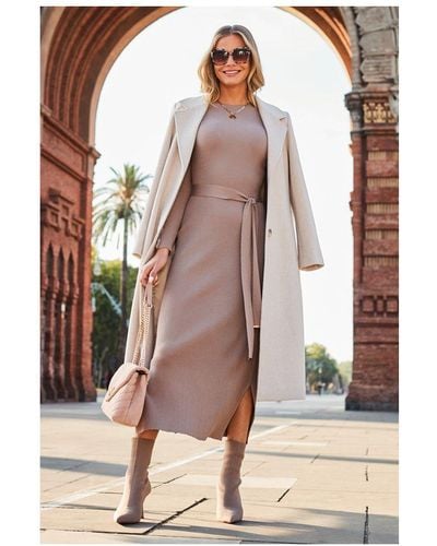 Sosandar Taupe Belted Button Detail Knitted Midi Dress - Pink