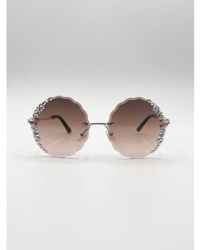 SVNX Oversized Round Frameless Sunglasses With Crystal Detail - Grey