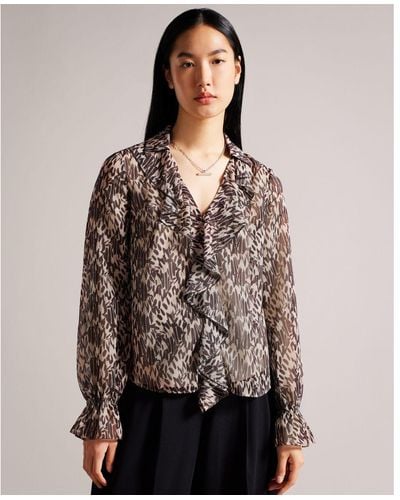 Ted Baker Bertei Ruffle Blouse With Metal Ball Trim, Nude - Brown