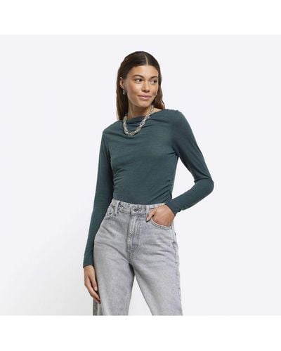 River Island Top Ruched Side Long Sleeve - Blue