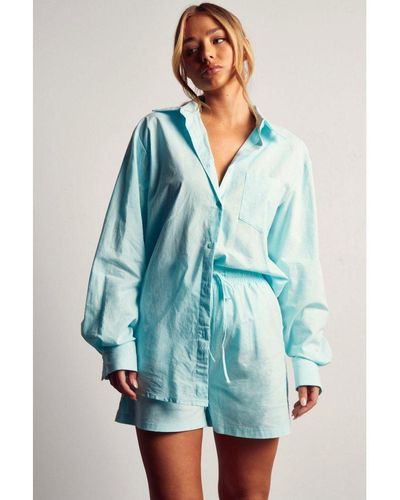 MissPap Oversized Linen Look Shirt Cotton - Blue