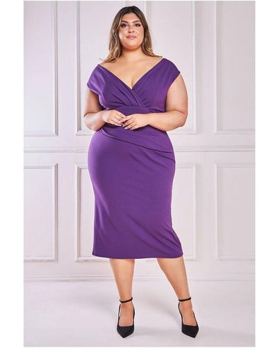 Goddiva Scuba Bardot Pleated Midi Dress - Purple