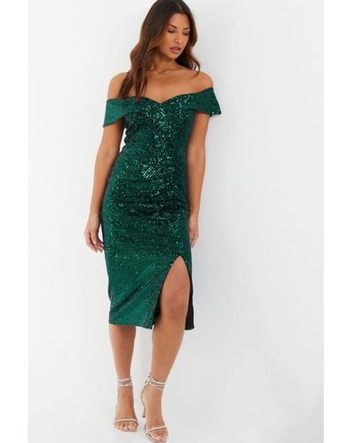 Quiz Green Sequin Bardot Split Midi Dress