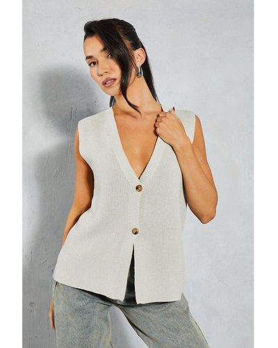 MissPap Knitted Boxy Oversized Plunge Front Buttoned Waistcoat - White