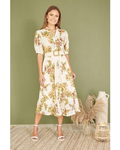 Yumi' Premium Ivory Floral Print Broderie Anglaise Cotton Midi Shirt Dress With Matching Belt - Green