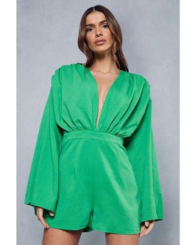 MissPap Linen Look Plunge Tie Back Playsuit - Green